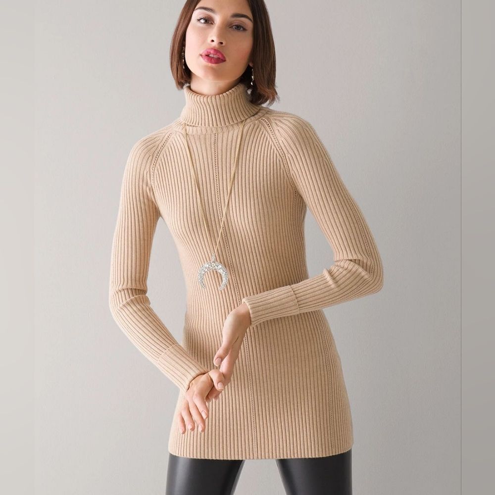 White House Black Market Tan Cuffed Sleeve Turtleneck Pointelle Sweater Size XL